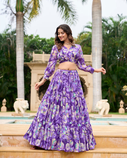 Purple Georgette Chex Floral Print Stitched With Canvas Lehenga