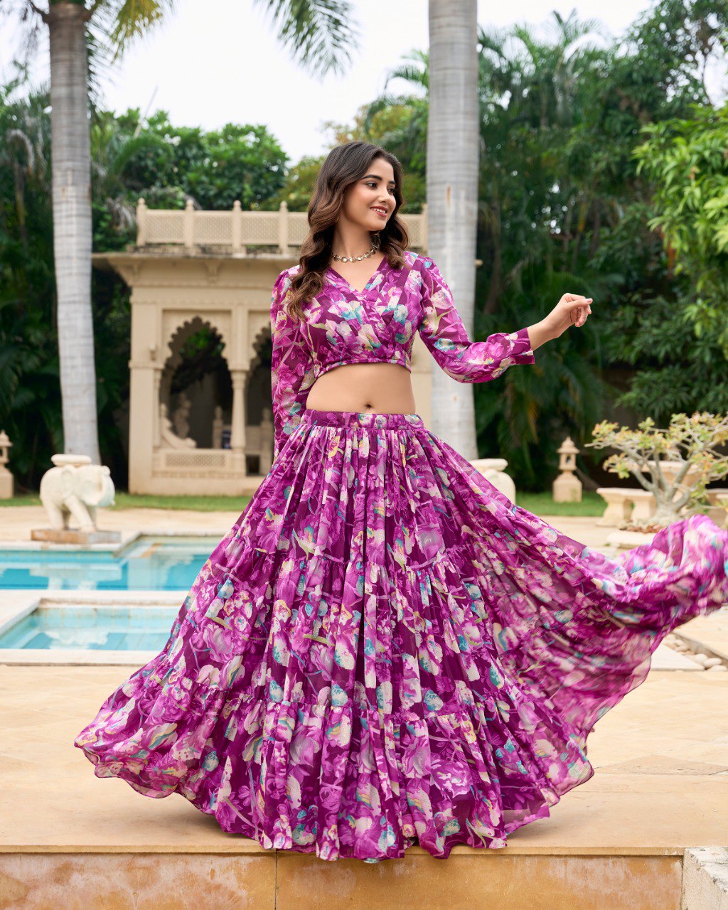 Wine Georgette Chex Floral Print Stitched With Canvas Lehenga