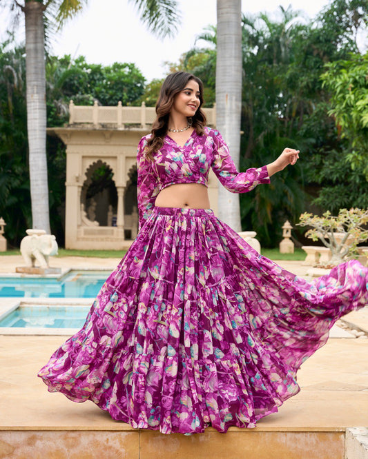 Wine Georgette Chex Floral Print Stitched With Canvas Lehenga