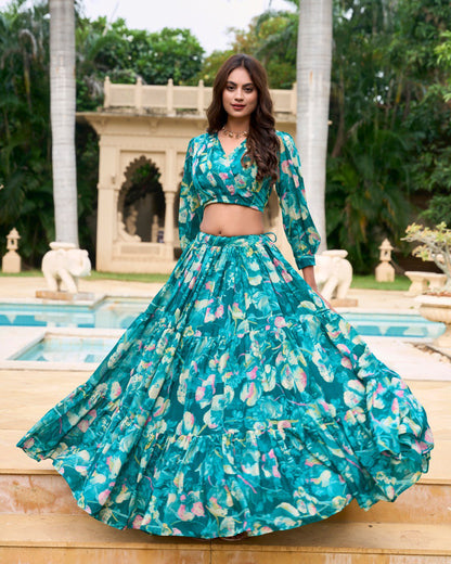 Tea Green Georgette Chex Floral Print Stitched With Canvas Lehenga