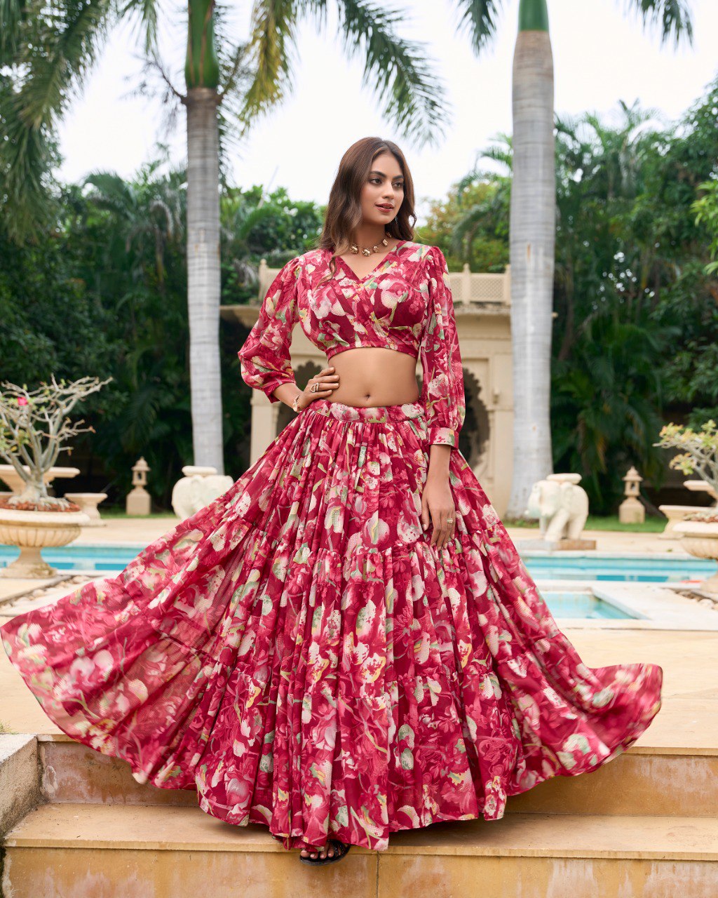 Maroon Georgette Chex Floral Print Stitched With Canvas Lehenga