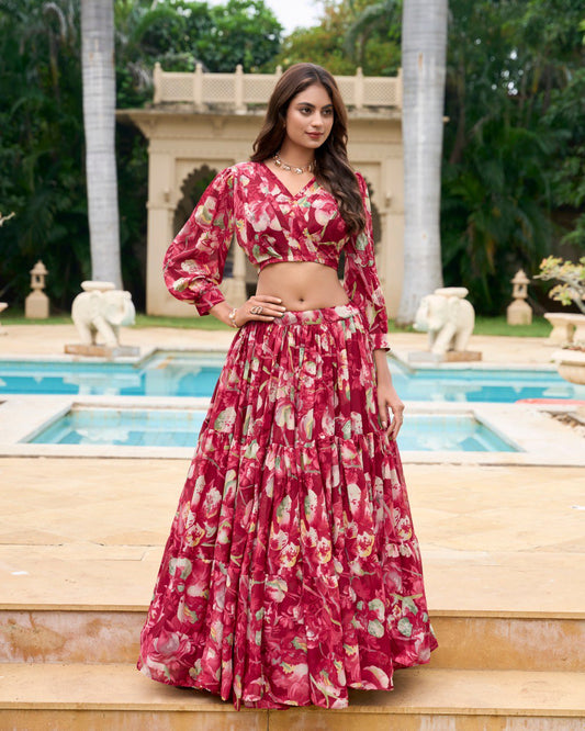 Maroon Georgette Chex Floral Print Stitched With Canvas Lehenga