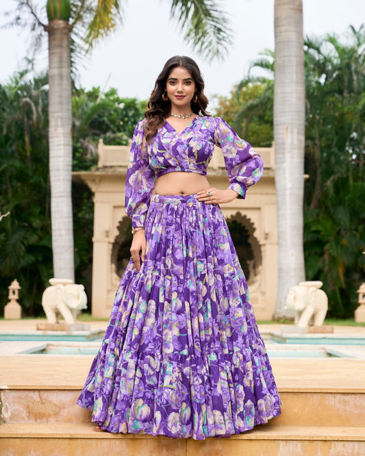 Purple Georgette Chex Floral Print Stitched With Canvas Lehenga