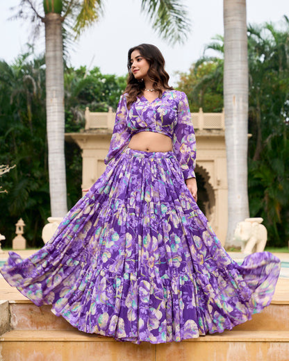 Purple Georgette Chex Floral Print Stitched With Canvas Lehenga