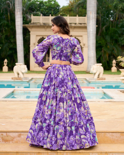 Purple Georgette Chex Floral Print Stitched With Canvas Lehenga