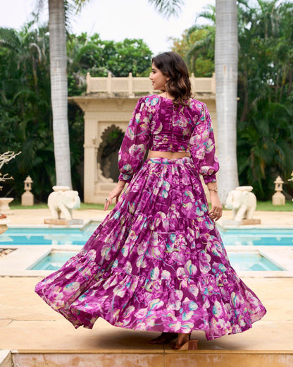 Wine Georgette Chex Floral Print Stitched With Canvas Lehenga