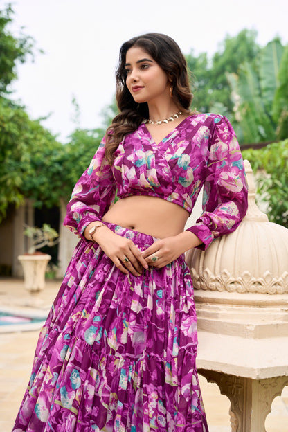 Wine Georgette Chex Floral Print Stitched With Canvas Lehenga