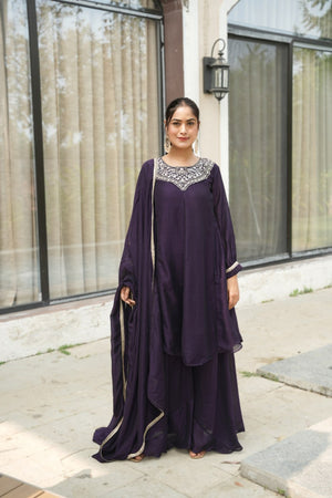 Jamun Color Vichitra Silk Plazzo Set with Embroidered Neck and Lace Border Sleeves by The Beauty Queen Surat