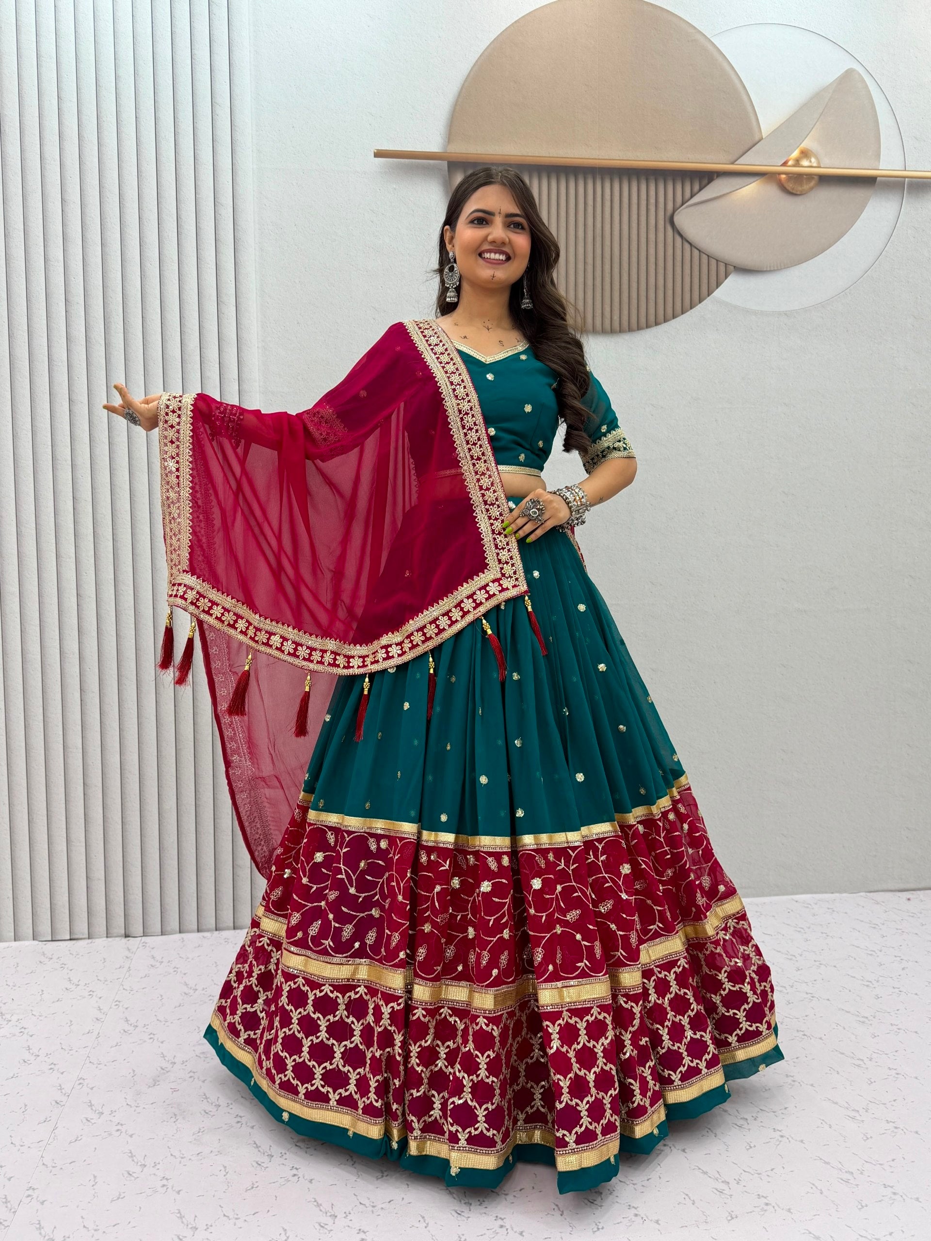 Teal green and maroon ready to wear faux georgette Navratri lehenga choli with embroidery thread and sequence work