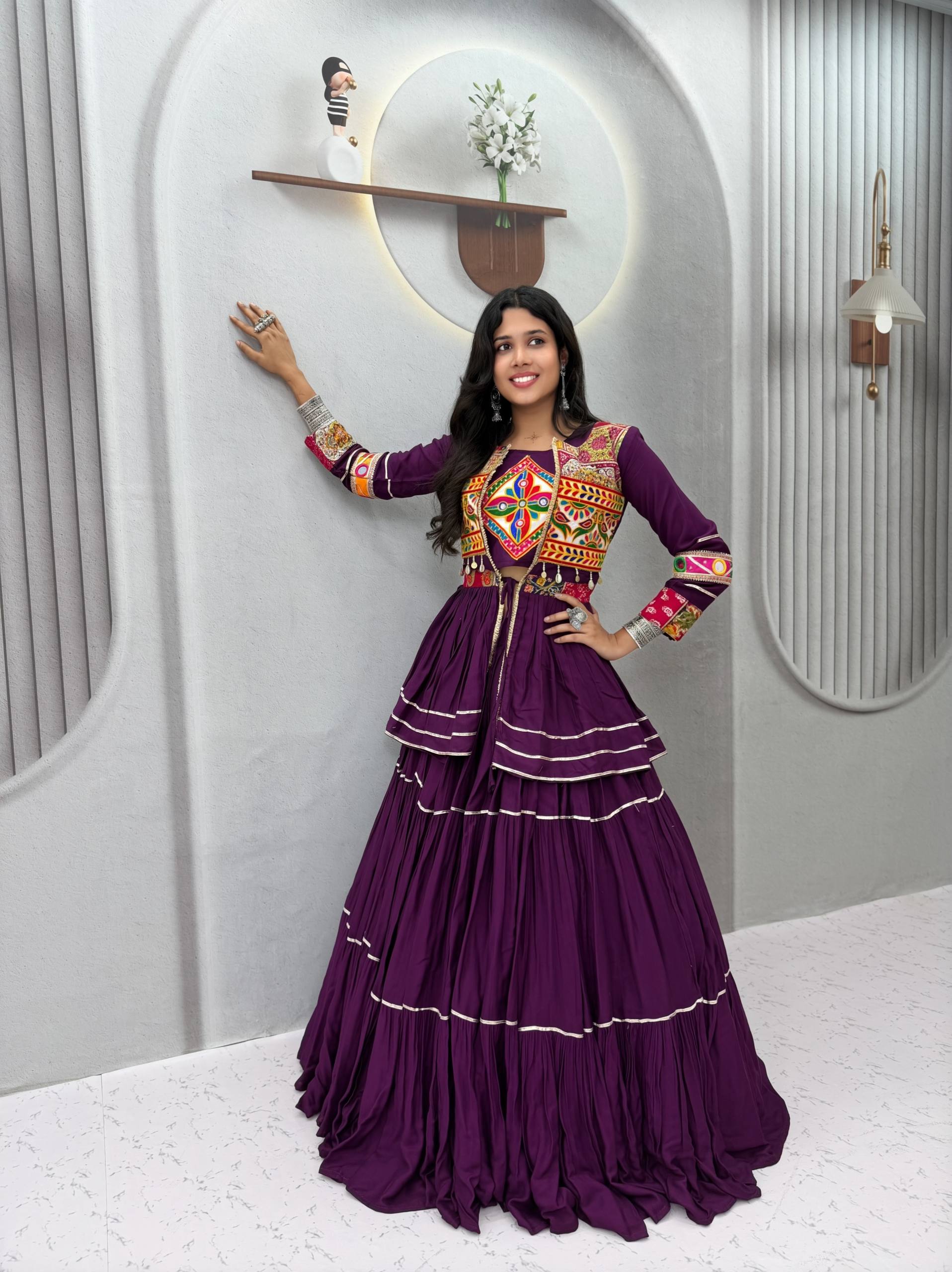 Deep purple pure cotton ready to wear Navratri lehenga choli with heavy Gamthi work, mirror lace, and Sikka coin lace Koti jacket