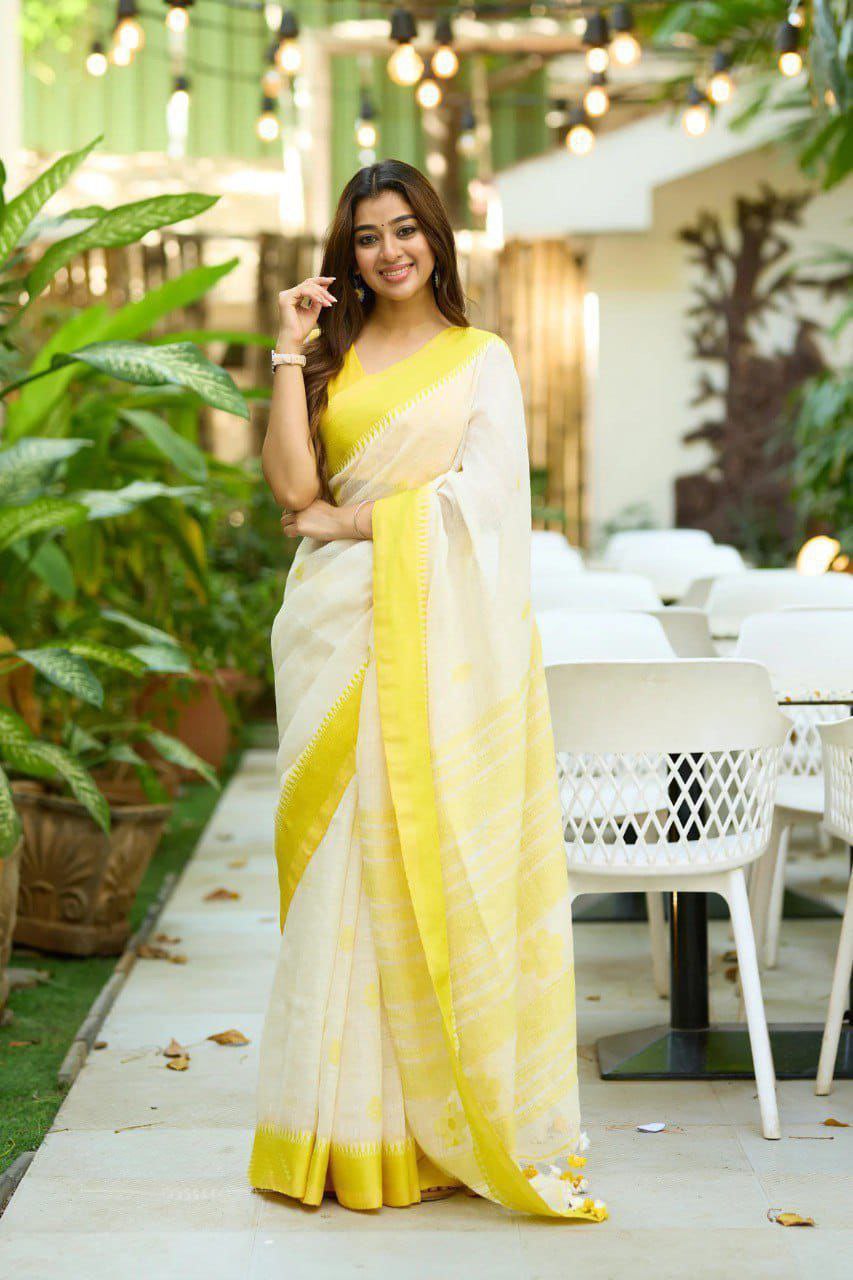 Yellow Lilan Cotton With Digital Print Elegant Saree