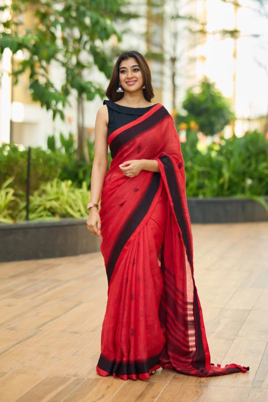 Red Lilan Cotton With Digital Print Elegant Saree