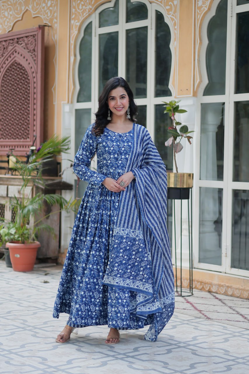 Blue Pure Cotton Readymade Kurti With Pant Dupatta Set