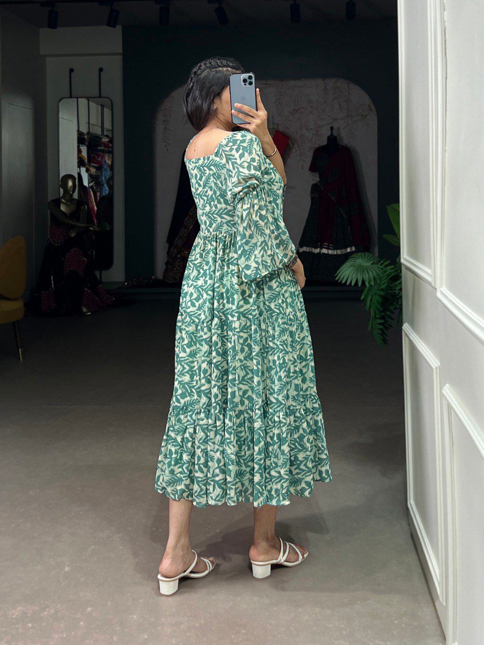 Green Triple Layer Georgette Printed Gown