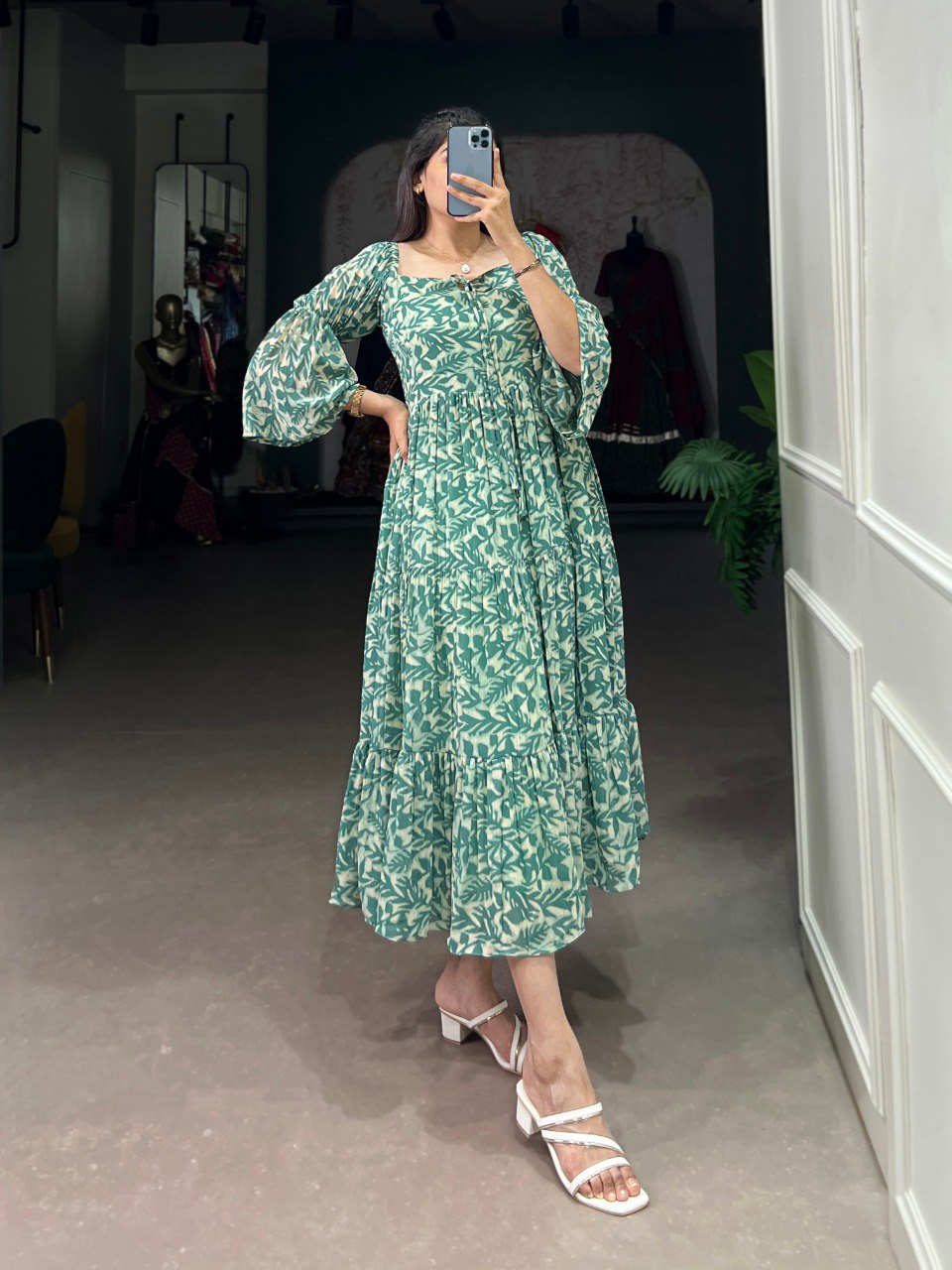 Green Triple Layer Georgette Printed Gown