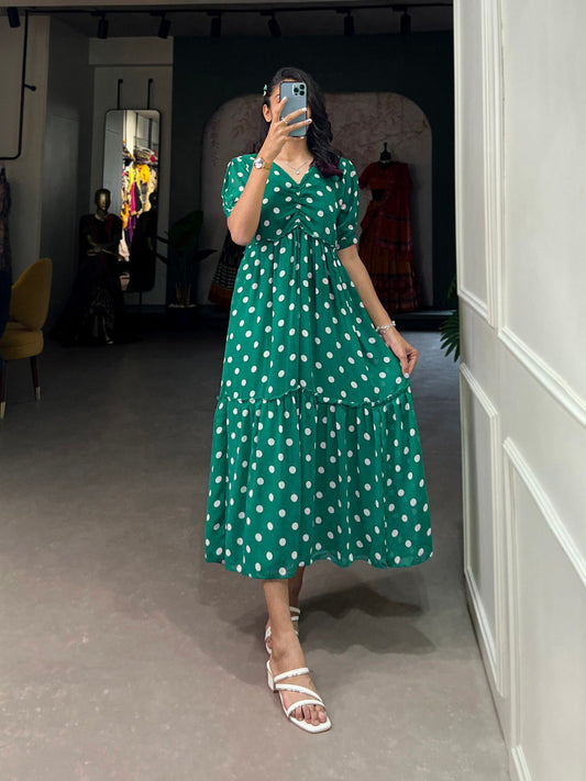 Green Georgette Long Polka Dot Print Gown