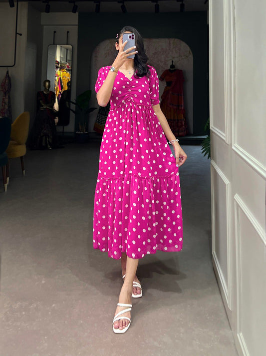 Pink Georgette Long Polka Dot Print Gown