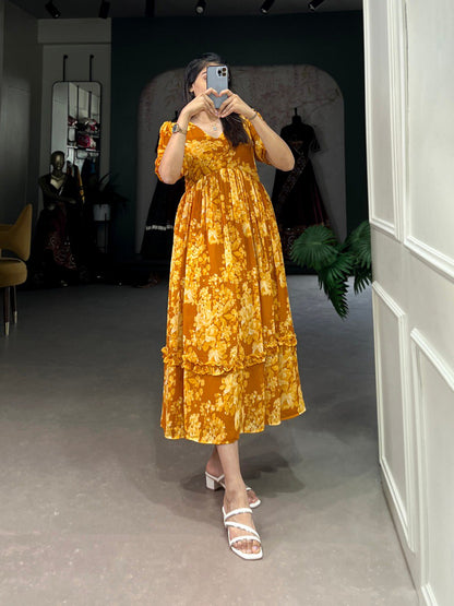 Mustard Georgette Floral Print Gown