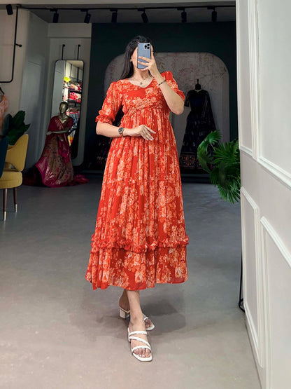 Orange Georgette Floral Print Gown