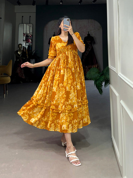 Mustard Georgette Floral Print Gown