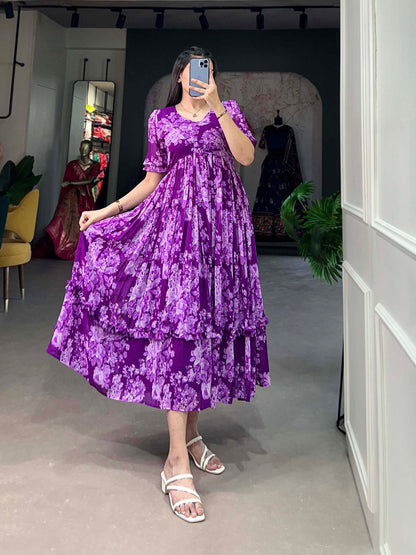 Purple Georgette Floral Print Gown