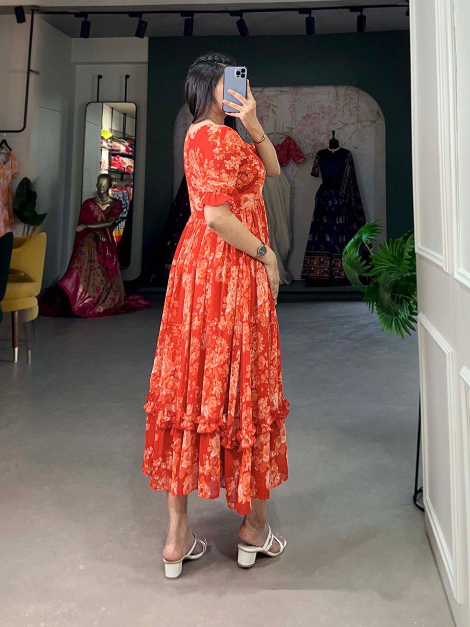 Orange Georgette Floral Print Gown