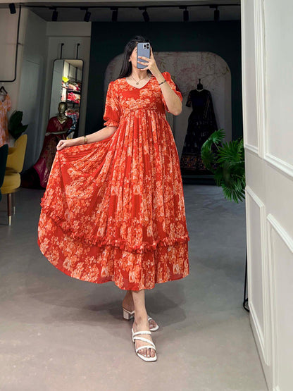 Orange Georgette Floral Print Gown