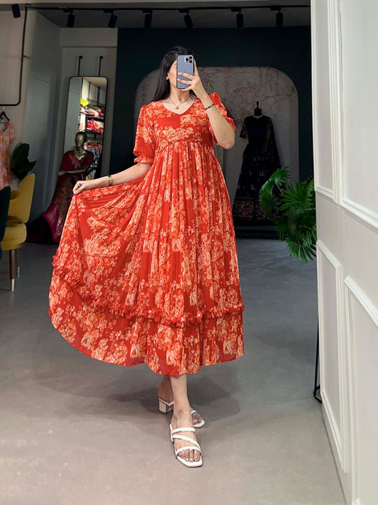 Orange Georgette Floral Print Gown