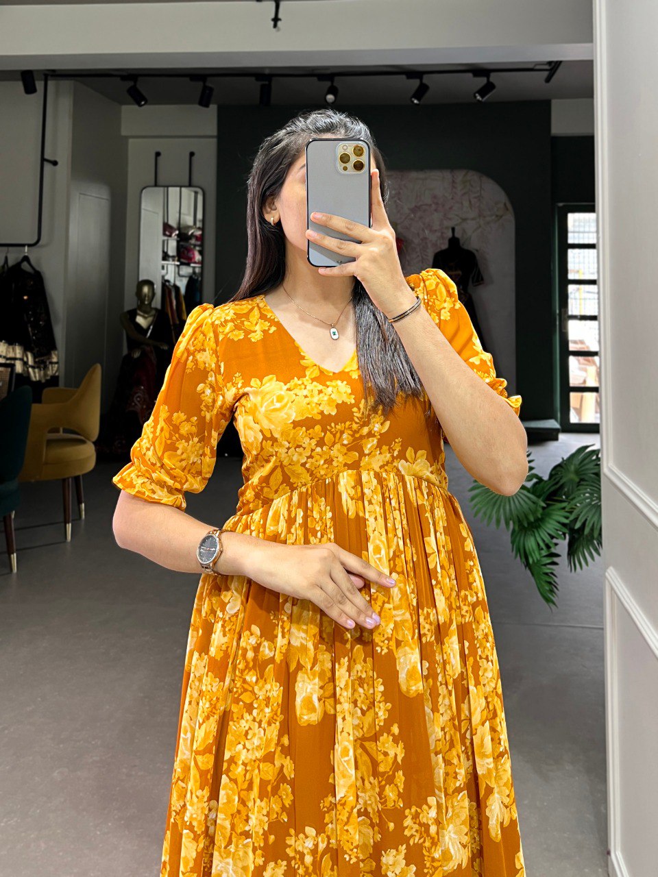 Mustard Georgette Floral Print Gown