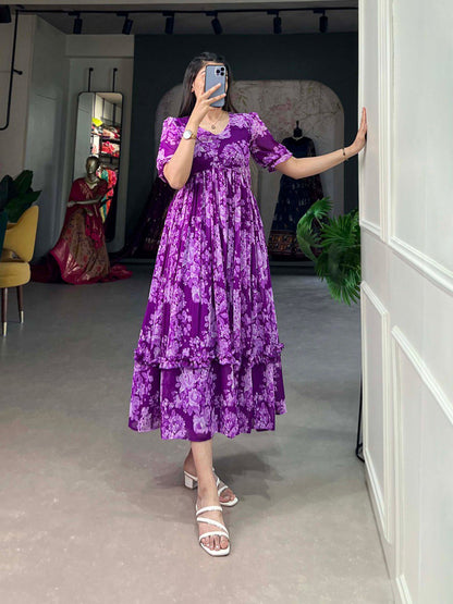 Purple Georgette Floral Print Gown