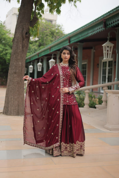 Maroon Rangoli Silk With Heavy Sequins Thread Embroidered Work Plazzo