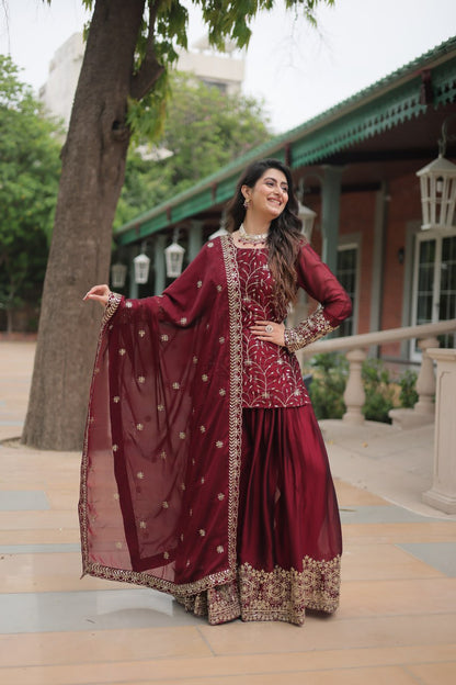 Maroon Rangoli Silk With Heavy Sequins Thread Embroidered Work Plazzo