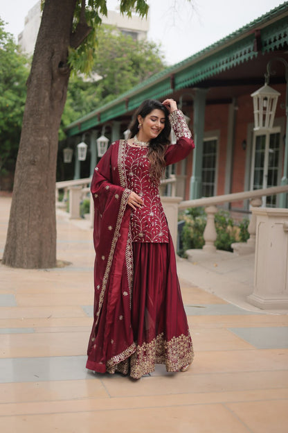 Maroon Rangoli Silk With Heavy Sequins Thread Embroidered Work Plazzo