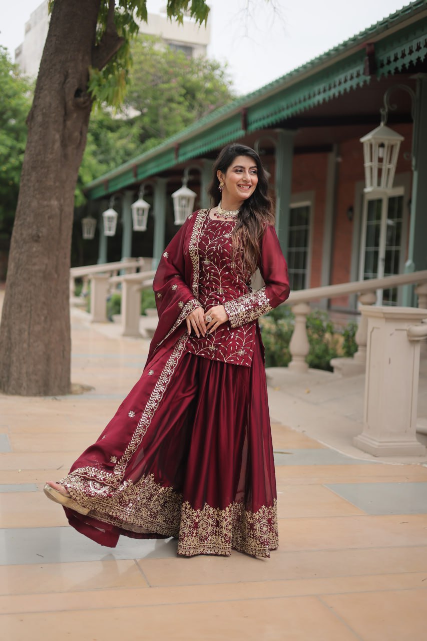 Maroon Rangoli Silk With Heavy Sequins Thread Embroidered Work Plazzo