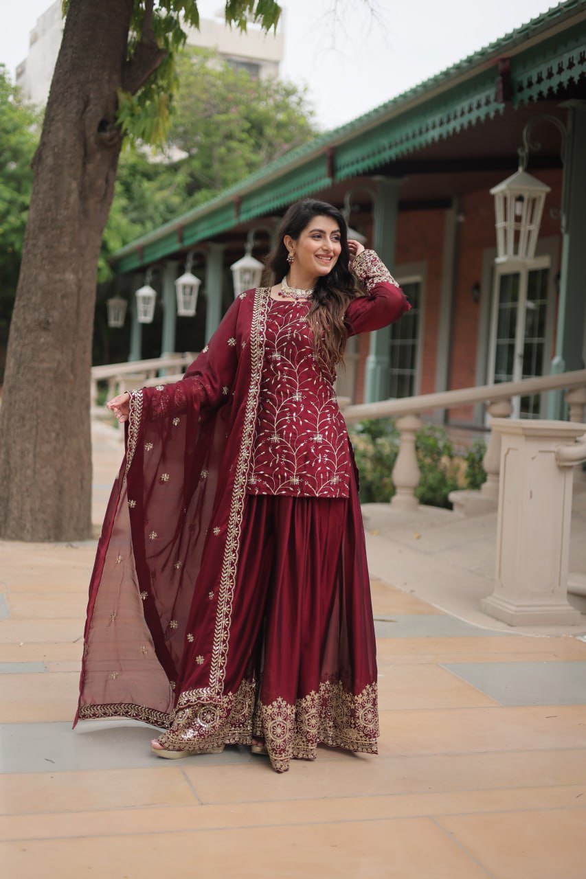 Maroon Rangoli Silk With Heavy Sequins Thread Embroidered Work Plazzo