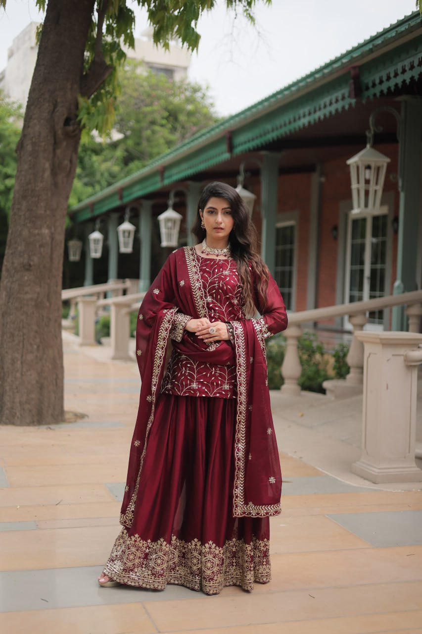 Maroon Rangoli Silk With Heavy Sequins Thread Embroidered Work Plazzo