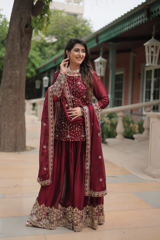 Maroon Rangoli Silk With Heavy Sequins Thread Embroidered Work Plazzo