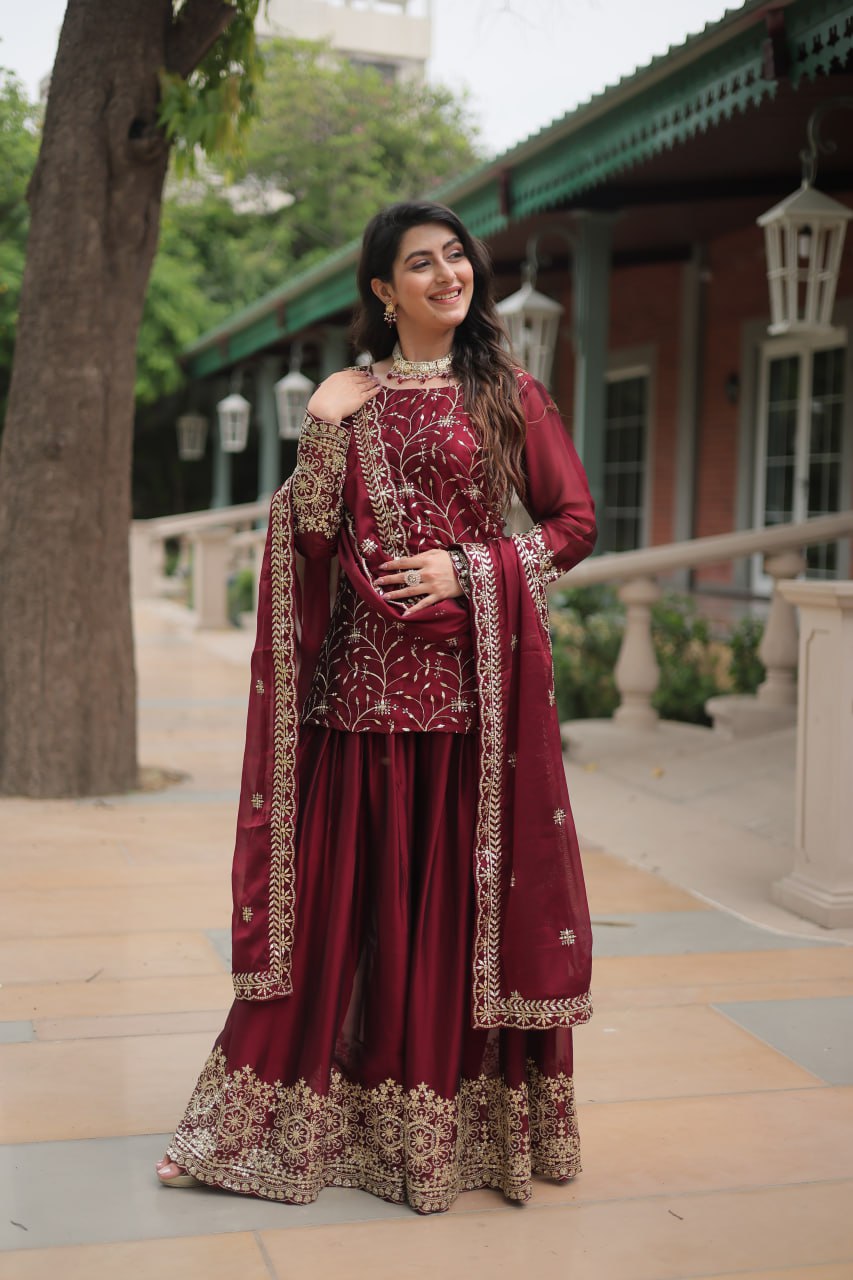 Maroon Rangoli Silk With Heavy Sequins Thread Embroidered Work Plazzo