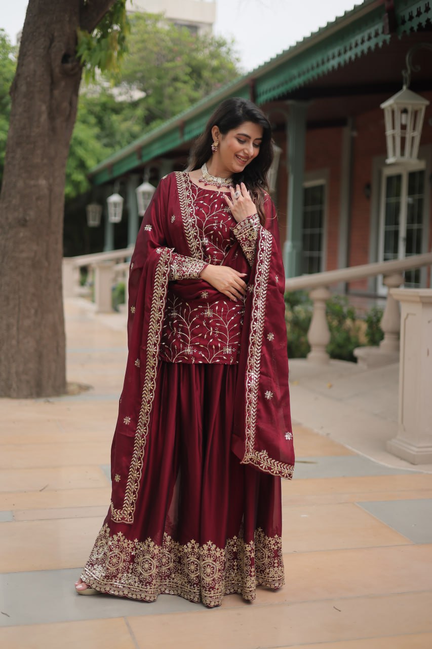 Maroon Rangoli Silk With Heavy Sequins Thread Embroidered Work Plazzo