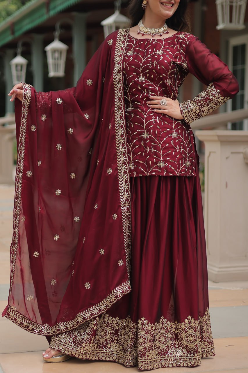 Maroon Rangoli Silk With Heavy Sequins Thread Embroidered Work Plazzo