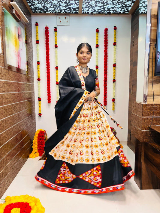 Rajwadi Pure Cotton Silk  Patola Print With Gamthi Lace Work Navratri Lehenga Choli