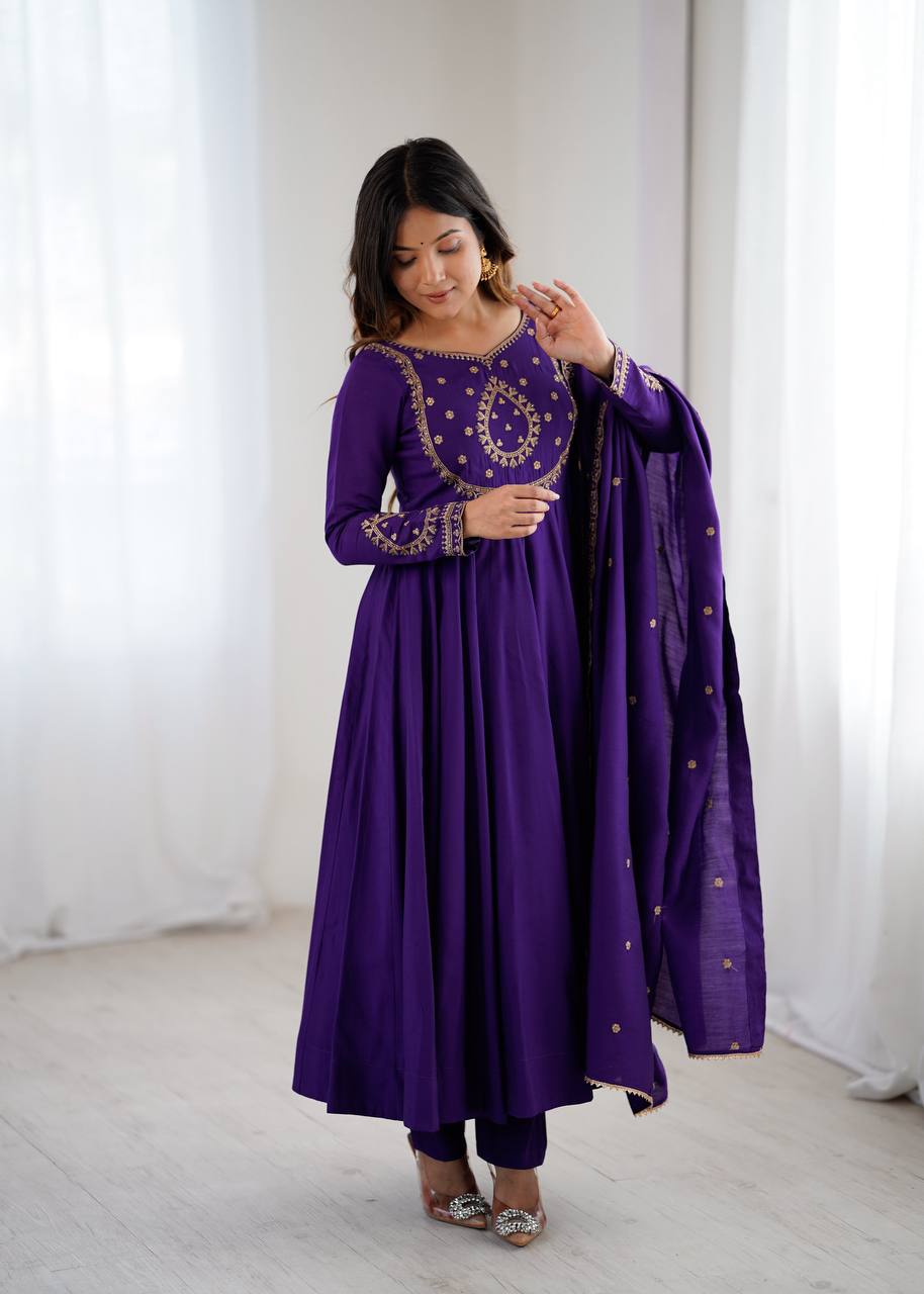 Purple Chanderi Silk Fabric Fancy Handwork Beads Full Flare Anarkali Suit