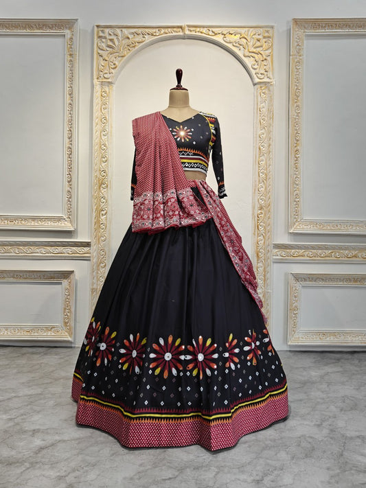 Black Beautiful Digital Print Real Mirror Work Navratri Lehenga Choli