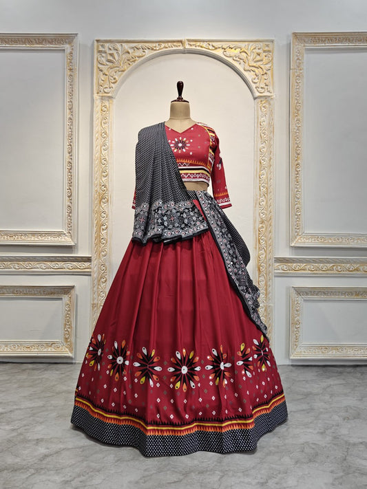 Maroon Beautiful Digital Print Real Mirror Work Navratri Lehenga Choli