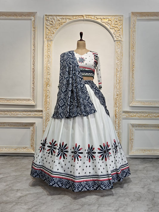 White Blue Beautiful Digital Print Real Mirror Work Navratri Lehenga Choli