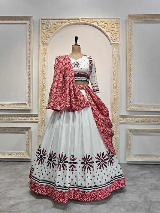 White Red Beautiful Digital Print Real Mirror Work Navratri Lehenga Choli