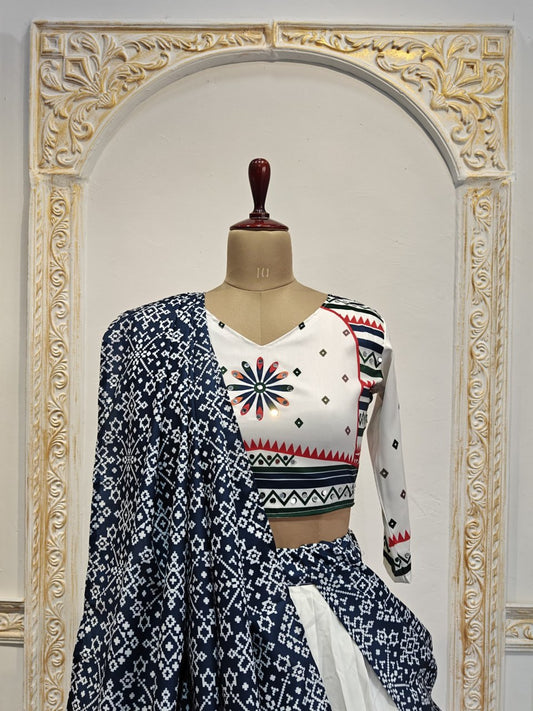 White Blue Beautiful Digital Print Real Mirror Work Navratri Lehenga Choli