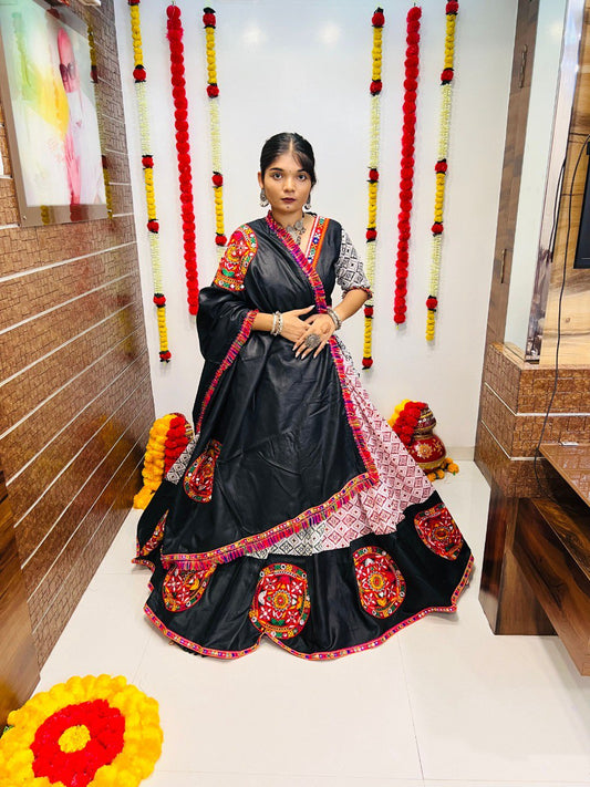 Rajwadi Printed Pure Cotton Silk  Patola Print With Gamthi Lace Work Navratri Lehenga Choli