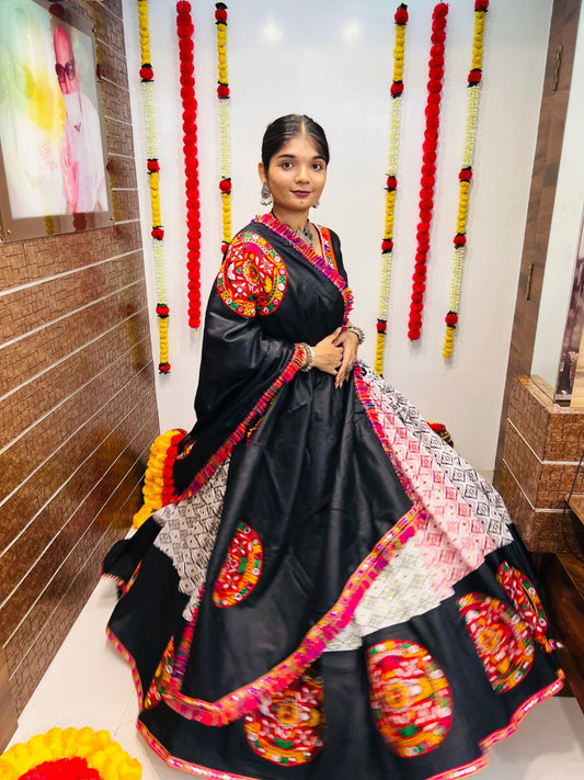 Rajwadi Printed Pure Cotton Silk  Patola Print With Gamthi Lace Work Navratri Lehenga Choli