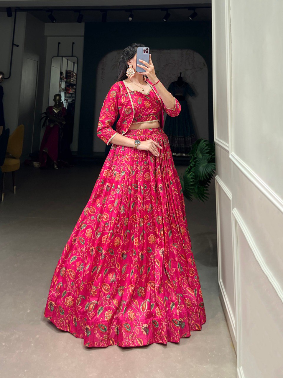 Pink Tussar Silk Floral Print With Gota Patti Touch Up Wedding Lehenga